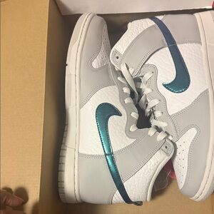 Nike Dunk High White, Light Gray with Iridescent Teal Swoosh